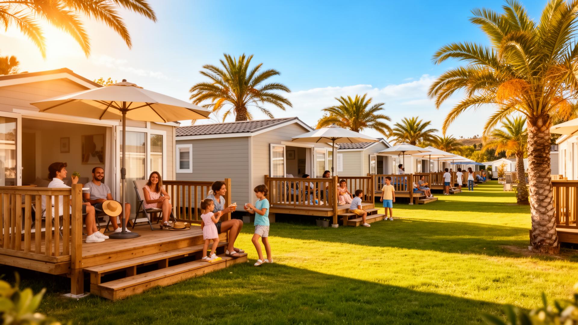 Camping de plein air haut de gamme avec mobil-homes, piscine et pins au coucher du soleil